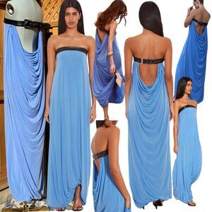🆕 RAT & BOA 🧿 NWOT Antonie Blue Draped Maxi Dress with Leather Belt, Sz L / XL